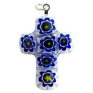 ヴェネチアングラス ペンダントトップ クロスタイプ ホワイト×ネイビー   エルコレ・モレッティ（ストラップ付）