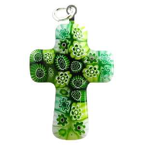 ヴェネチアングラス ペンダントトップ フィオレット クロス グリーン   エルコレ・モレッティ（ストラップ付）