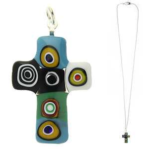 ヴェネチアングラス ペンダントトップ クロスタイプ マルチ×ブラック（チェーン付）   エルコレ・モレッティ