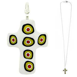 ヴェネチアングラス ペンダントトップ クロスタイプ ホワイト×イエロー（チェーン付）   エルコレ・モレッティ