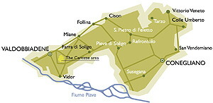 コネリアーノとヴァルドッビアーデネの位置関係を示す地図