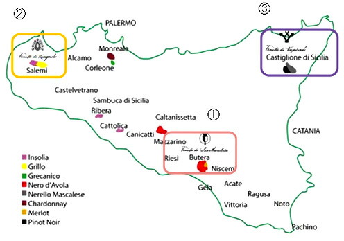 ワイナリー場所記載のシチリア島地図