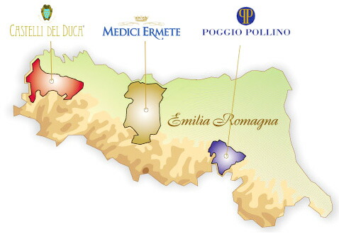 エミリアロマーニャ州にある同社のワイナリー３か所の地図